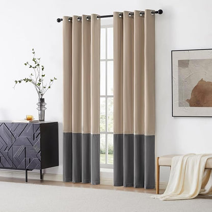 BULBUL Luxury Color Block Velvet Curtains 102 inch Long- Champagne Gray | - Image 4