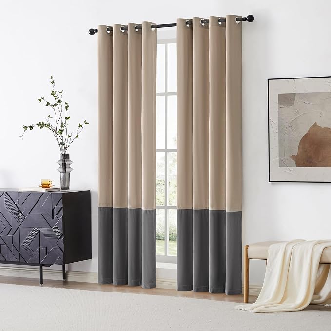 BULBUL Luxury Color Block Velvet Curtains 84 inch Long- Champagne Gray | Modern - Image 7