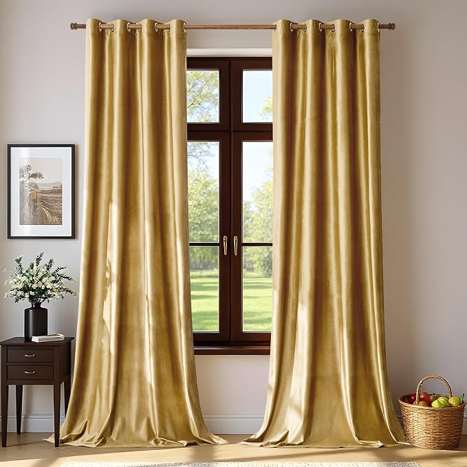 Velvet Gold Grommet Blackout Curtains 120 inch Length by ModernShinyVelvetCurtains