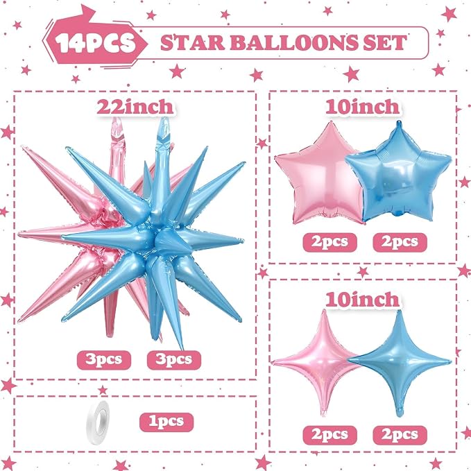 14pcs Pink Blue Star Balloons, Mixed Star Foil Balloon, 22Inch Explosion Stars - Image 2