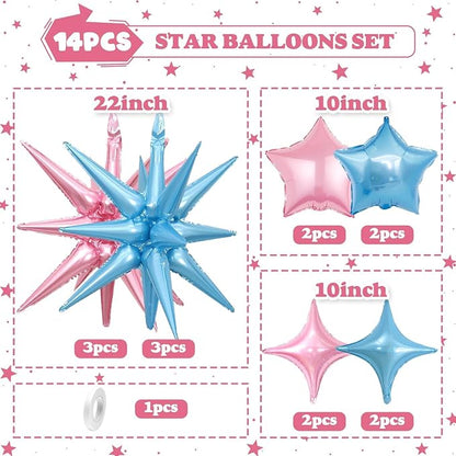 14pcs Pink Blue Star Balloons, Mixed Star Foil Balloon, 22Inch Explosion Stars - Image 2