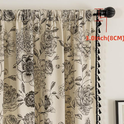 F-CHU Black Floral Farmhouse Curtains Living Room Drapes 84 Inch Length Cotton - Image 3