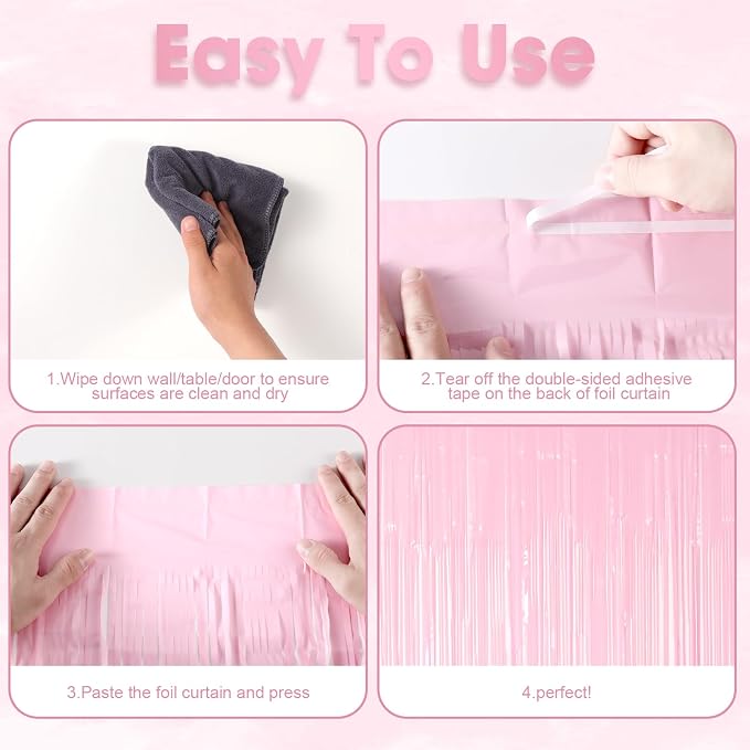 Voircoloria Pastel Pink Foil Fringe Backdrop Curtains, 3 Pack | Tinsel Streamers - Image 4