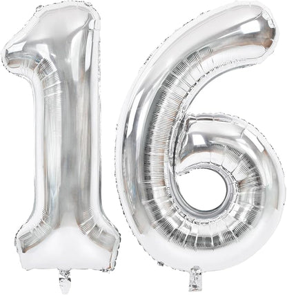 TONIFUL 40 Inch Silver Number 16 Balloons Large Foil 16th Birthday Decor | by TONIFUL