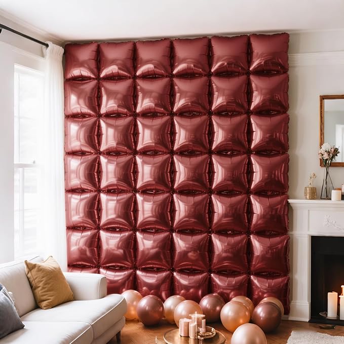 NISOCY 25PCS Maroon Square Foil Balloons Wall Backdrop | Double Sided Brown Red - Image 7
