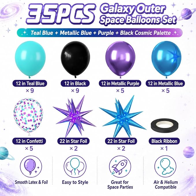 Galaxy Outer Space Balloons, 12 Inch Metallic Blue Purple Balloons - Image 2