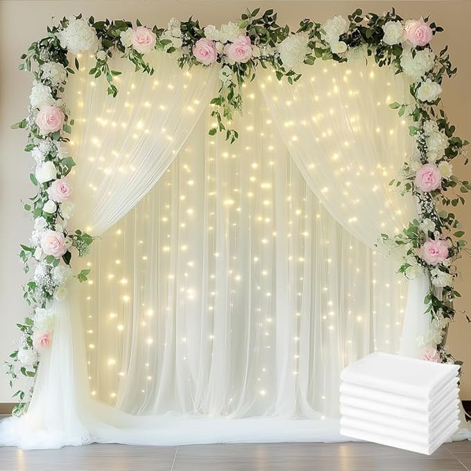Tulle Backdrop Curtains with Lights Sheer Ivory Curtain Backdrop 30x10ft | by Fomcet