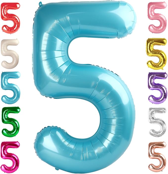 5 Balloon Numbers Birthday Decorations, 40In Pearl Blue Balloons by Mluchee