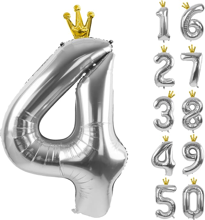 Silver Number 4 Balloon with Crown, 40 inch Silver Number Balloon 4th Birthday by Yeodong