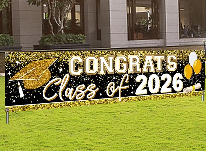 Large Congrats Grad Banner Gold Class of 2026 Banner Backdrop Graduation 2026 by mokejaparty