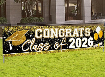 Large Congrats Grad Banner Gold Class of 2026 Banner Backdrop Graduation 2026 by mokejaparty