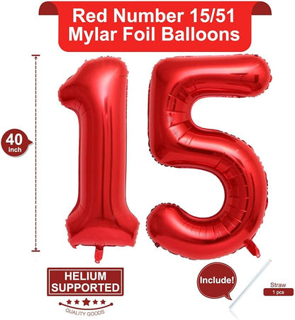 40 Inch Red 15 Number Balloons Giant 15 or 51 Balloons Red Birthday 15 Balloons - Image 2