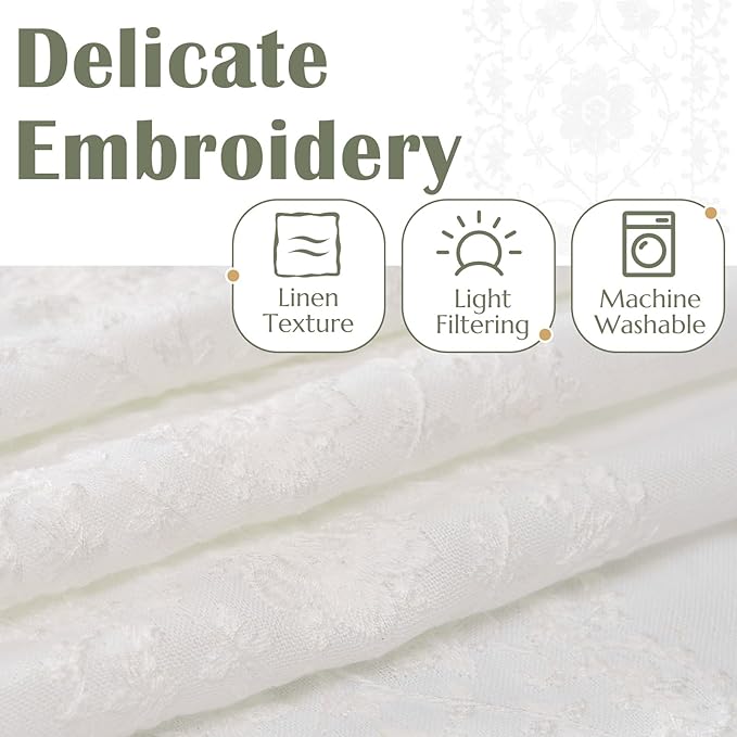 jinchan Floral Linen Curtains Embroidered Back Tab 50x90in 2 Panels White | - Image 4
