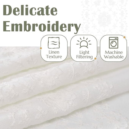 jinchan Floral Linen Curtains Embroidered Back Tab 50x90in 2 Panels White | - Image 4