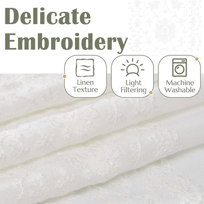 jinchan Floral Linen Curtains Embroidered Back Tab 50x63in 2 Panels White | - Image 4