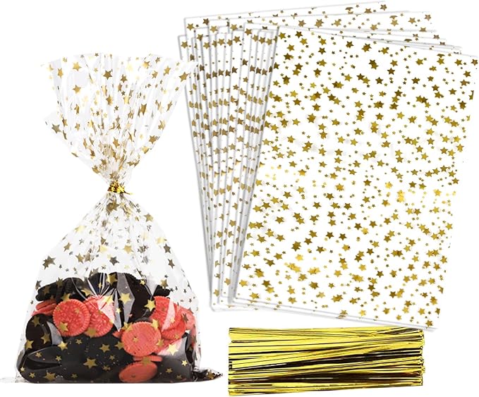 100 Pcs Star Printed 4"X6" Gift Wrap Cello Cellophane Treat Bags Party Favor by COQOFA