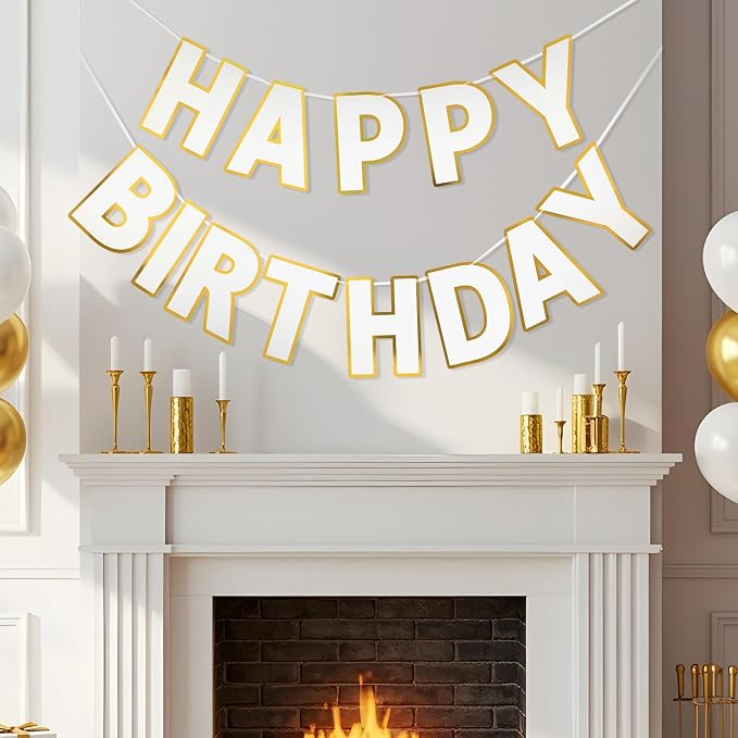 Pre-Strung Happy Birthday Banner White Party Decorations | adjustable cord - Image 9