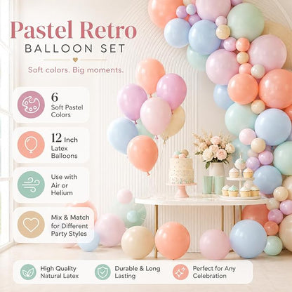Pastel Retro Balloons, 12 Inch 6 Color Blue Purple Green Pink Beige Latex Party - Image 2