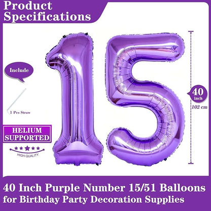 Purple 15 Number Balloons, 40 Inch Giant Number 15 Balloons Foil Mylar Helium - Image 2