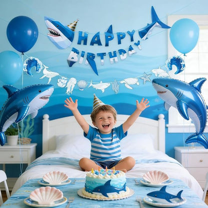 SUNBEAUTY Shark Birthday Party Decorations Shark Happy Birthday Banner Ocean - Image 4