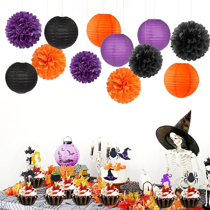 Purple-Orange Black Party-Decorations Paper-Flowers Lanterns - Image 3