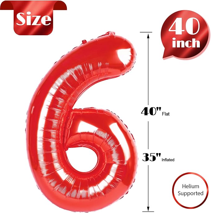 Red 6 Balloon - Number Balloon 40 Inch, 6th Red Birthday Decorations | Large - Image 4