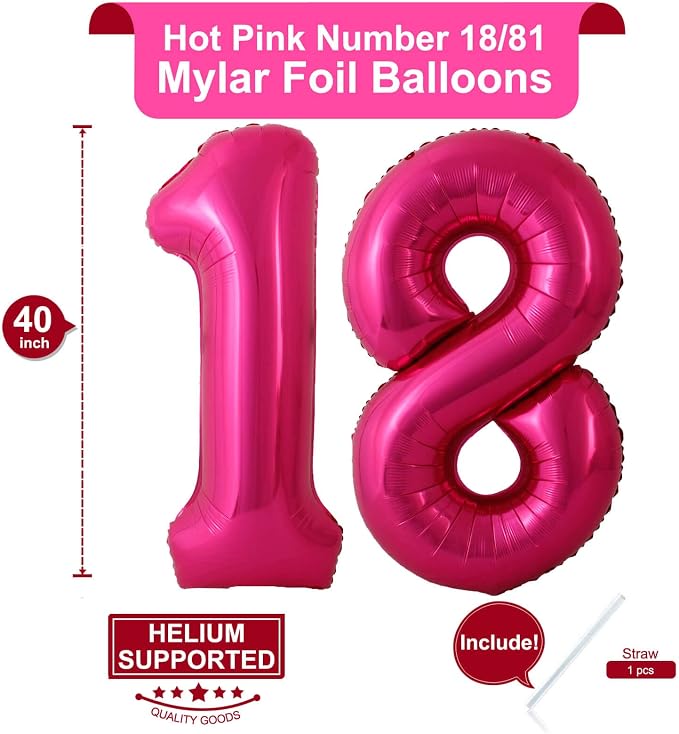 40 Inch Hot Pink 18 Number Balloons Giant 18 Balloons Hot Pink Birthday 18 - Image 2