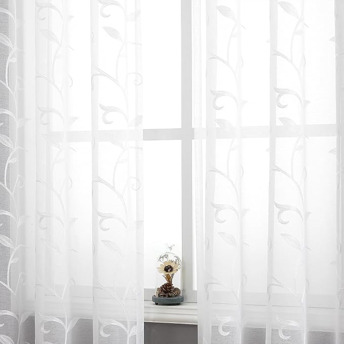 White Sheer Curtains Embroidered Leaves 2 Panels 54Wx108L | Light Filtering - Image 5