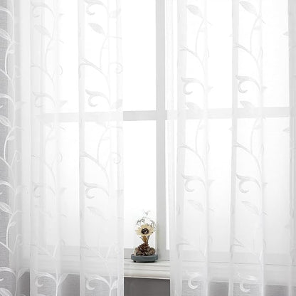 White Sheer Curtains Embroidered Leaves 2 Panels 54Wx108L | Light Filtering - Image 5