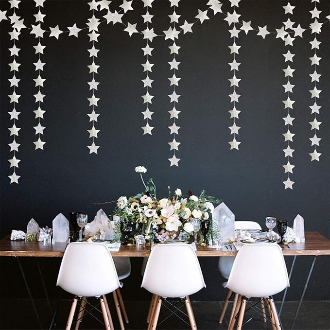 Glitter-Silver Party-Decorations Star Christmas Garland - 62ft Birthday Twinkle - Image 5