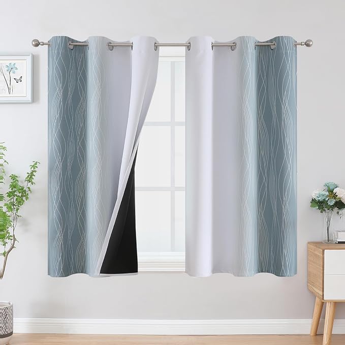 Stone Blue and Greyish White Ombre Blackout Curtains 45 Inch Length 2 Panels by ESTELARTEXTILER
