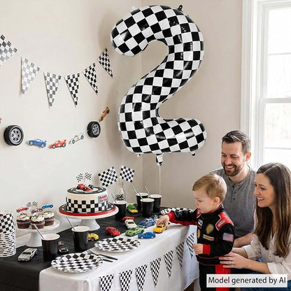 40 Inch Checkered Number 2 Balloon, Large Black and White Foil Number Balloon - Image 3
