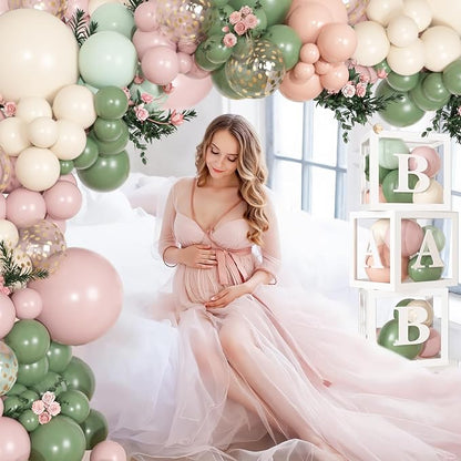 153Pcs Pink and Sage Green Balloon Baby Shower Decorations - Image 5
