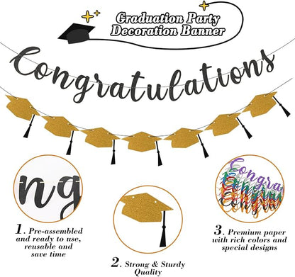Class of 2026 Graduation Decorations Pre-Strung Glitter Congratulations Banner - Image 2