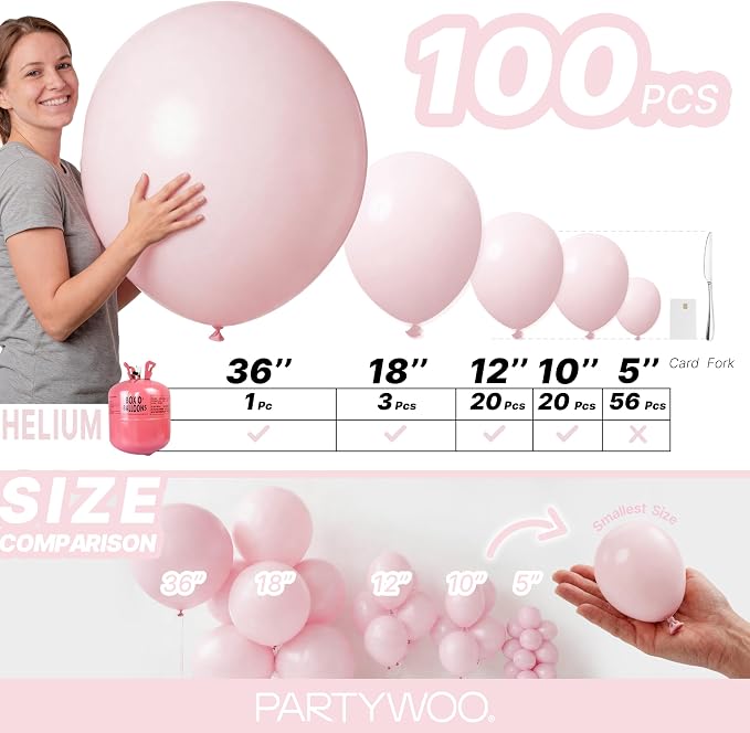 PartyWoo Pale Pink Balloons 100pcs Light Pastel Baby Pink Color | 36 18 12 10 5 - Image 6