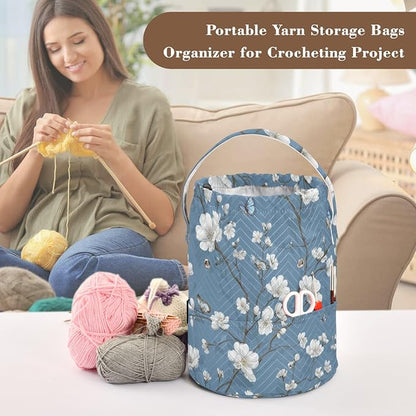 Blue Floral Butterfly Yarn Bag Small Crochet Bag Drawstring Yarn Storage - Image 4