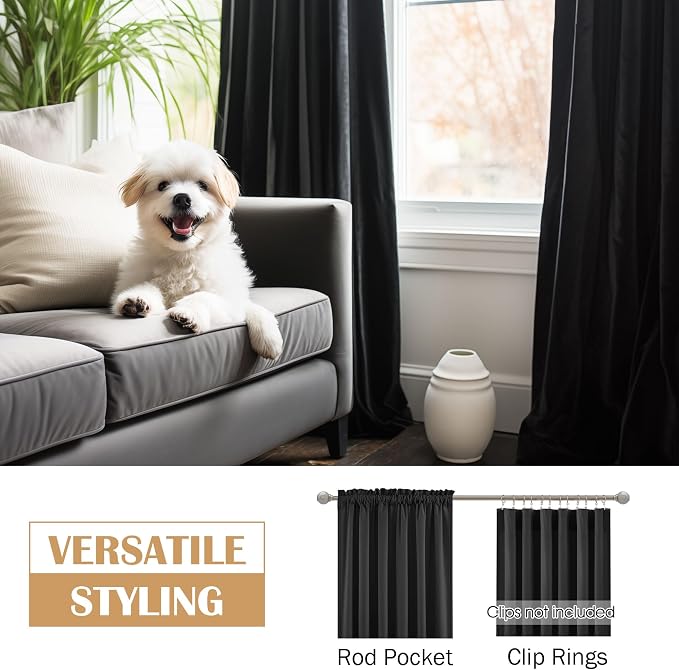 Beauoop Velvet Curtains for Bedroom Living Room Black 52x108 2 Panels | Soft - Image 2