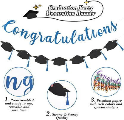 Class of 2026 Graduation Decorations Pre-Strung Glitter Congratulations Banner - Image 2