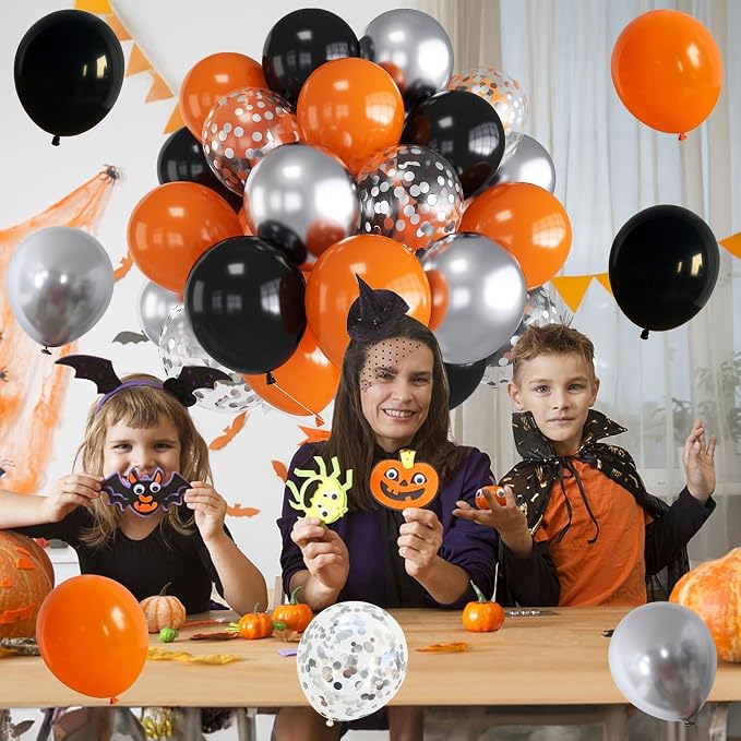 Black Orange Balloons 12 Inch Black Orange Silver Confetti Balloons Halloween - Image 9