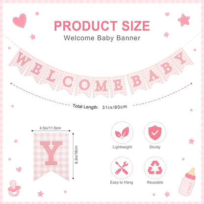 Pink Gingham Welcome Baby Shower Banner - Image 2