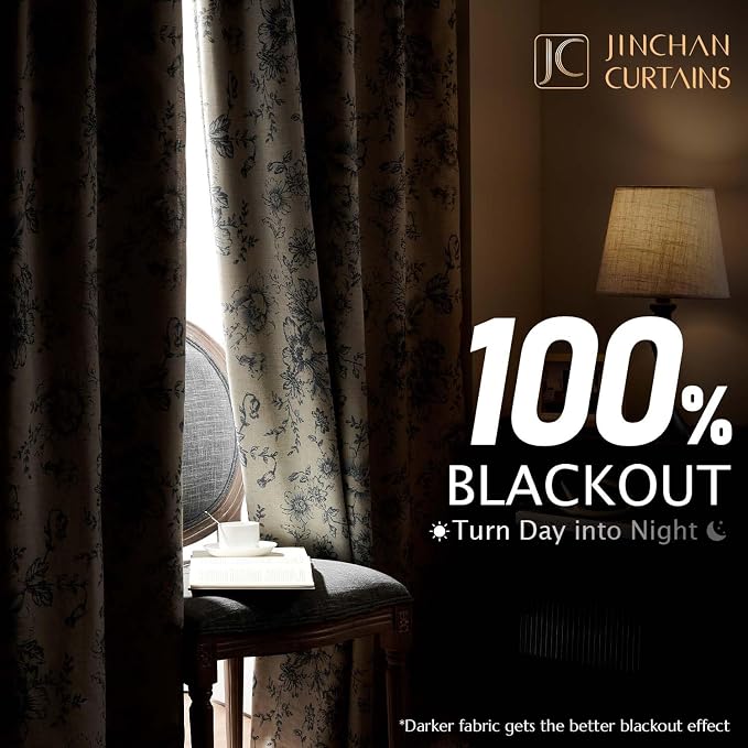 jinchan Grey Floral Linen Blackout Curtains Lined 84 Inch Back Tab 2 Panels | - Image 2