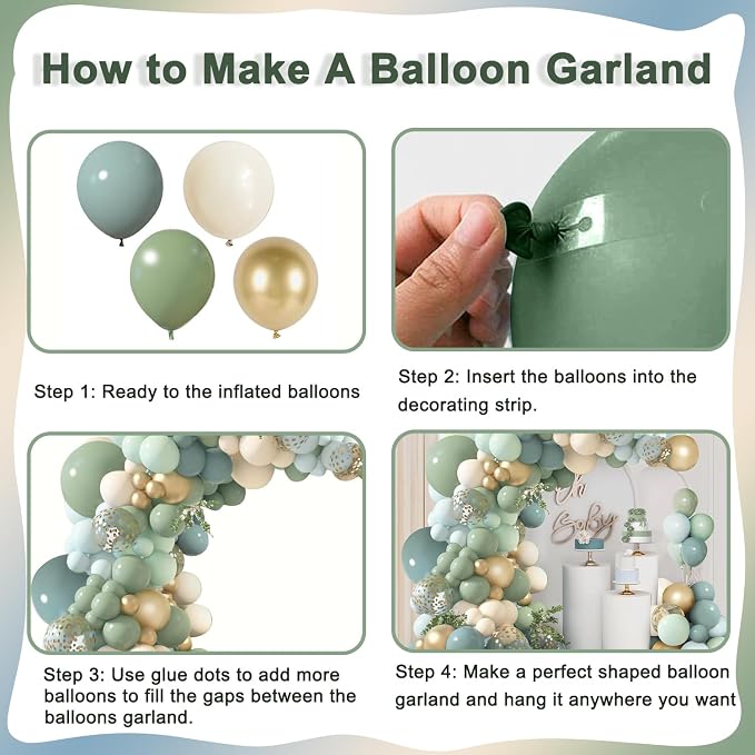 Dusty Blue Sage Green Balloon Arch Kit, Sand White Gold Confetti | Pastel Blue - Image 3
