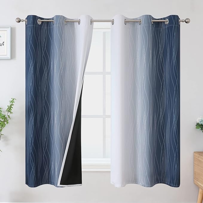 Grayish White and Navy Blue Blackout Curtains by ESTELARTEXTILER