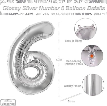 Sleek Silver Metallic Finish Number 6 Balloon, Chic Modern Party Decorations - Image 4