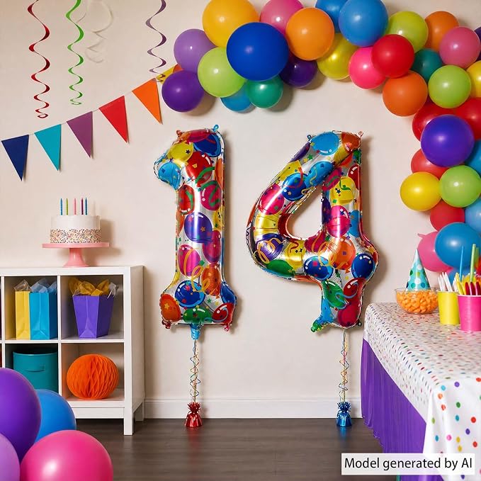 40 Inch Rainbow Balloon Number 14 Balloons, Fourteen Bday Party Decor | Giant - Image 3