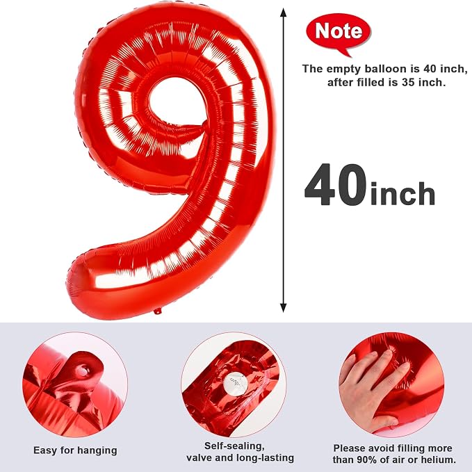 9 Balloon Numbers Birthday Decorations, 40In Red Balloons - Image 5