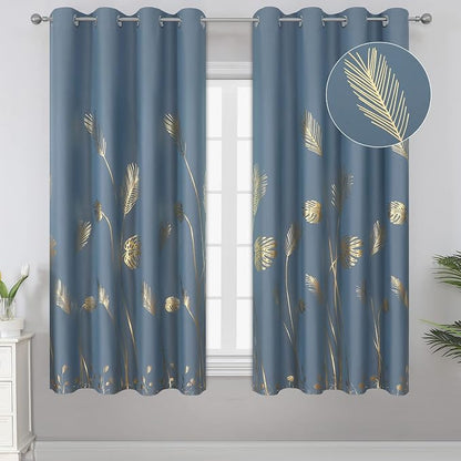 Stone Blue Blackout Curtains for Bedroom, Room Darkening Gold Palm Tree Pattern by ESTELARTEXTILER