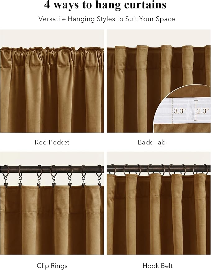 Gold Brown Velvet Curtains for Living Room Boho, 2 Panels | 300GSM Soft Velvet - Image 2