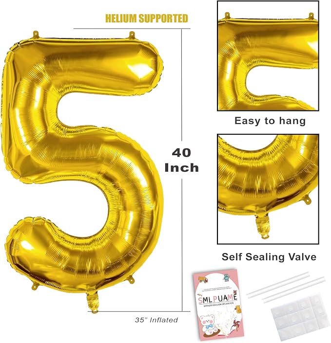 40 Inch Gold Number 5 Balloon, 5th Birthday Decoration Boys Girls | Large Self - Image 3