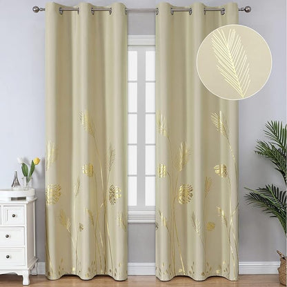 Elegant Natural Palm Leaf and Wheat Blackout Curtains Sunlight Blocking Noise by ESTELARTEXTILER
